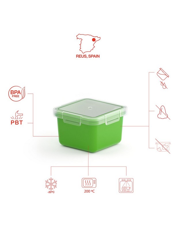 Contenitore ermetico per alimenti utilizzabile in microonde, lavastoviglie e congelatore, da -20ºC a 200ºC, realizzato in materiale termoplastico PBT color verde, capacità 400 ml